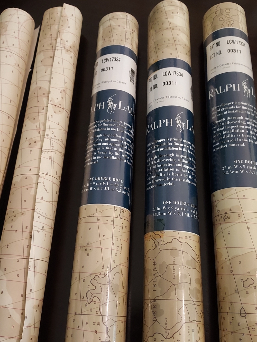 3 Dbl Rolls & 2 Open Ralph Lauren Nautical Map Wallpaper Rolls in Cream & Brown.